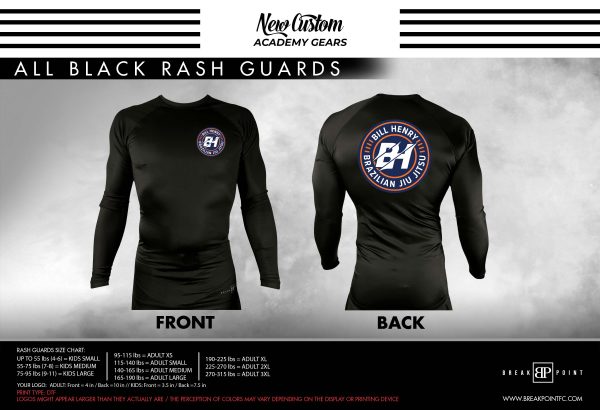 Bill Henry BJJ All Black Custom Rash Guards Long Sleeves #1401 Supply