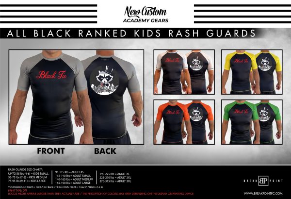 Black Tie BJJ Colorado All Black Ranked KIDS Short Sleeve Rash Guards #638 E Supply