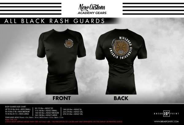 MidGuard Kickboxing Academy All Black Custom Rash Guards Short Sleeves #1180 For Cheap