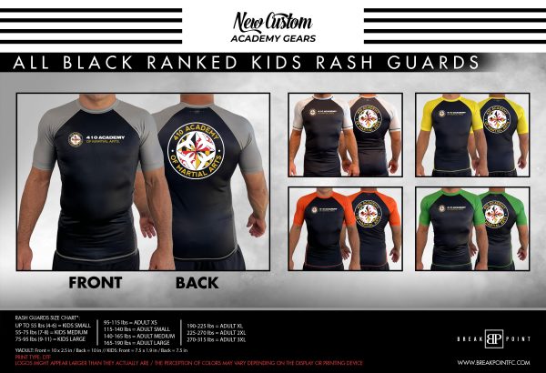 410 Academy of Martial Arts All Black Ranked KIDS Short Sleeve Rash Guards #1183 Discount