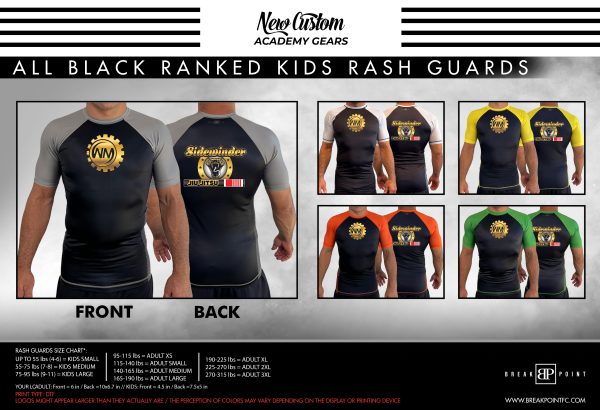 Sidewinder Jiu-Jitsu All Black Ranked KIDS Short Sleeve Rash Guards #977 C (WM) Online Sale