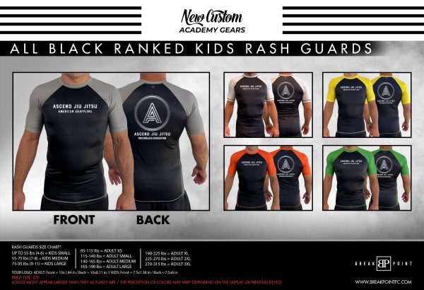 Ascend Jiu-Jitsu Academy All Black Ranked KIDS Short Sleeve Rash Guards #1332 A For Cheap