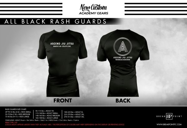Ascend Jiu-Jitsu Academy All Black Custom Rash Guards Short Sleeves #1332 A on Sale